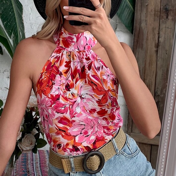 Boho Pink Floral Print Tropical Halter Tank Top - Picture 4 of 4